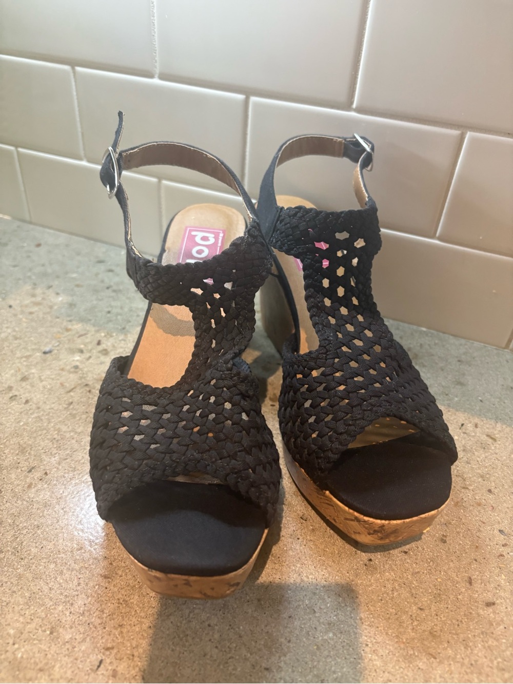 POP by EDL Black Braided Wedge Sandals with Cork Platform Accents